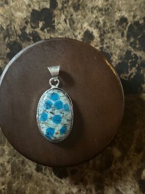 Blue Dot Oval Stone Pendant Necklace - Sterling Silver Style Setting